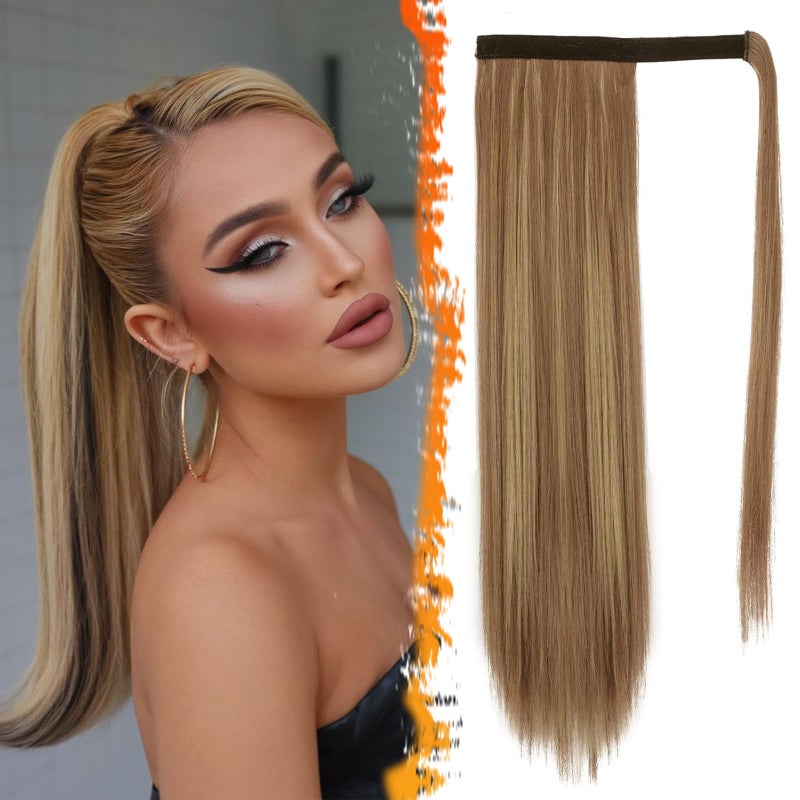 BARSDAR Brown Highlight Straight Ponytail Extension - 24 Inch Long Straight Wrap Around Ponytail for Women, Clip in Ponytail Hair Extensions Synthetic Balayage Pony Tails Hairpieces Daily - Image 1